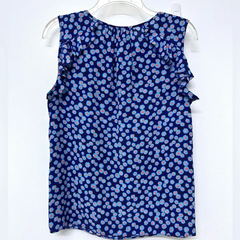 Kate Spade New York Tangier Ruffle Silk Tank Blue Cobalt Floral Small, EUC